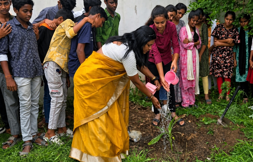 Students planting a sapling with a teacher