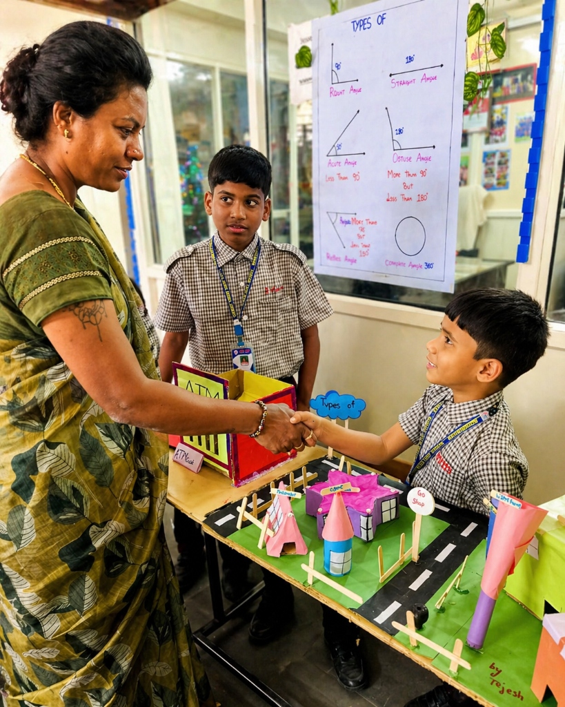 Student showing project to teacher