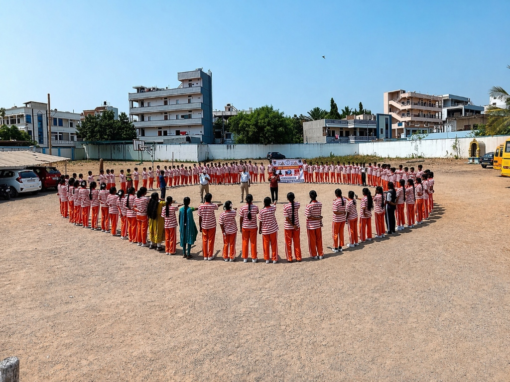 Students standing in a large circle taking a pledge on the school ground