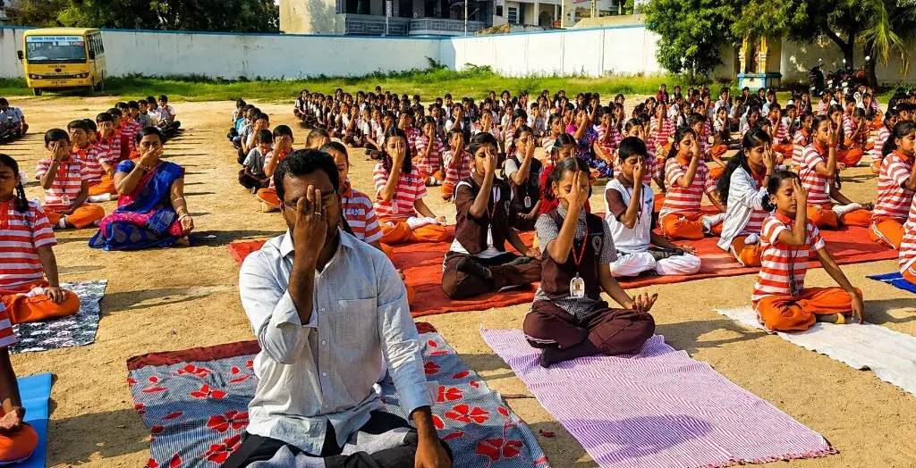 Mass yoga session outdoors
